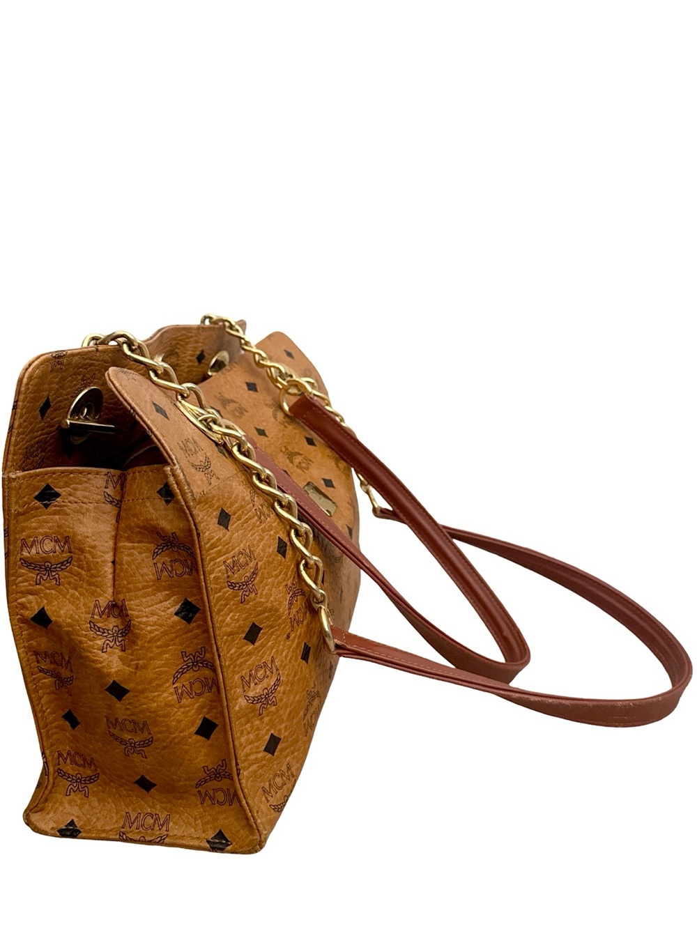 MCM Visetos Cognac Shoulder Bag Gold Chain Strap Medium Tote - Picture 8 of 17